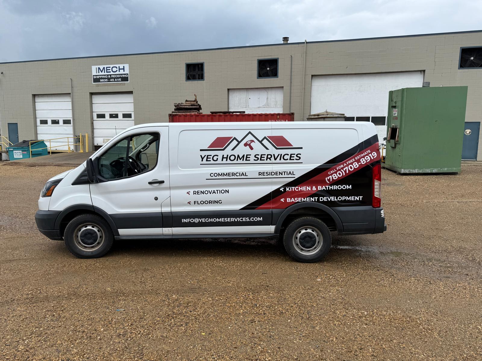 YEG Home Services van wrap with roof rack, side view