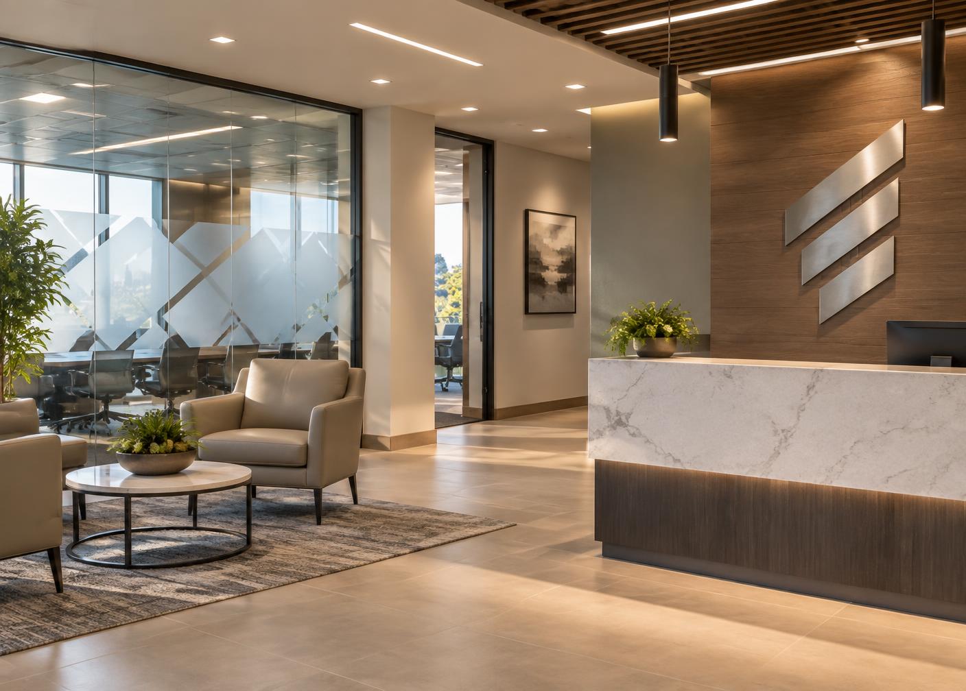 Interior office lobby lettering and wall signage