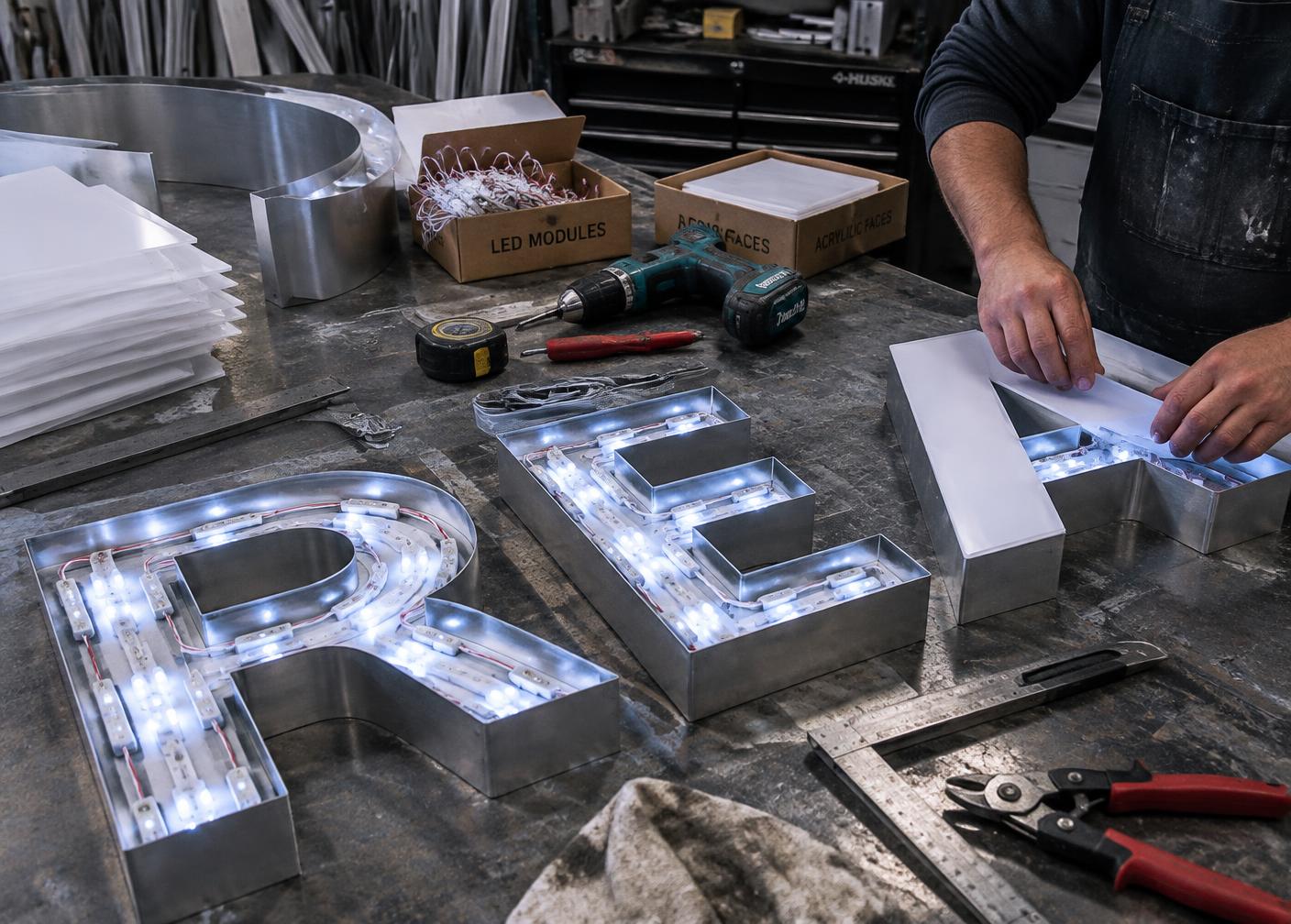 Channel letter parts on the bench at the Davis Printing shop